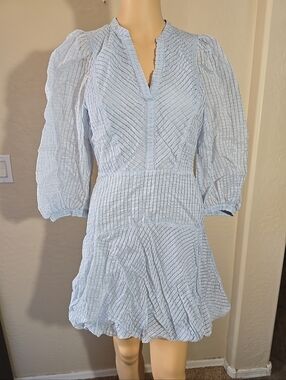 Rebecca Taylor Organdy Stripe Light Blue Puff-Sleeve Bubble Hem Mini Dress Sz 2